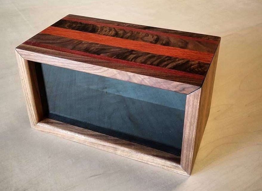 Shadow box inlay case in walnut, purple heart, and paduk