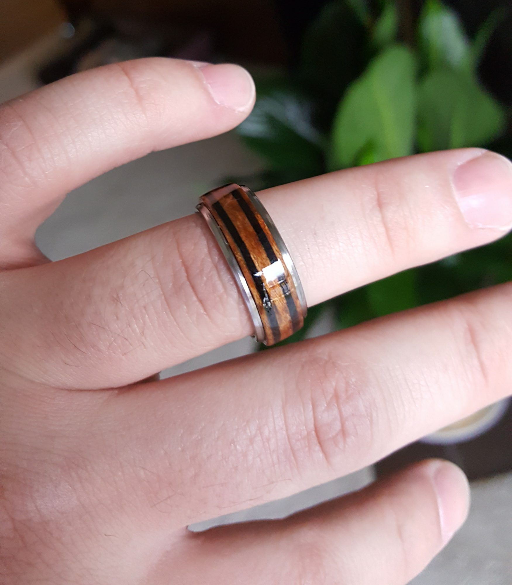 Titanium wedding band with wood inlay